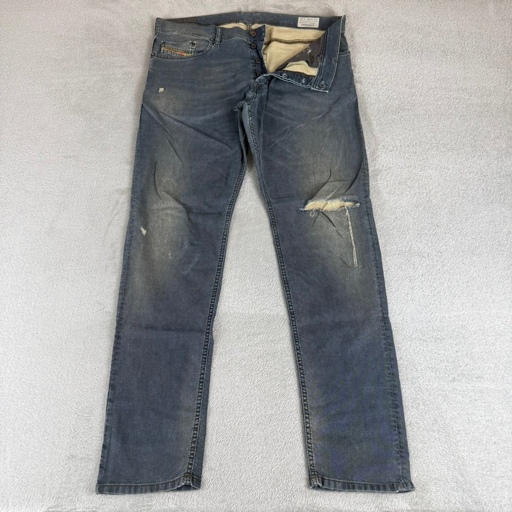 Diesel Tepphar Slim Carrot Jeans Mens 36x34 Blue Button Fly Distressed Stretch